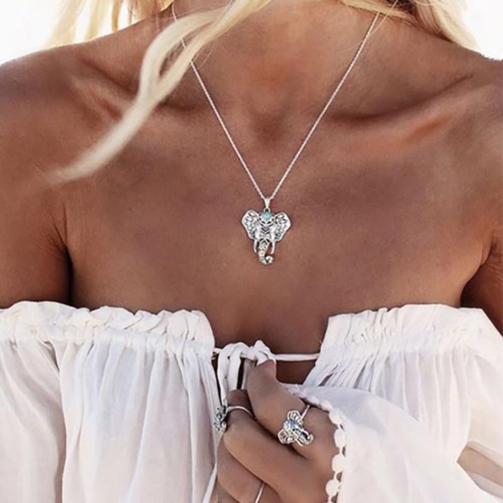 Boho Elephant Necklace Antique Silver Tone - Picture 1 of 2